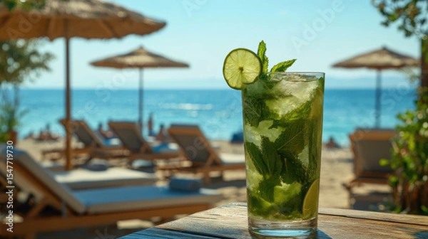 Obraz A refreshing mojito cocktail with mint lime, placed wooden table, sun loungers umbrellas in the background,overlooking serene sea beach,creating tropicalrelaxing atmosphere.banner,copy space,mockup