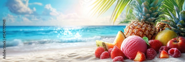 Obraz Fruit ice cream scoops on a wooden table with strawberries, citrus, and tropical fruits against a tropical beach background. Empty space for product presentation. Summer vacation dessert concept.