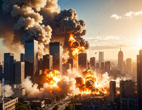 Obraz A huge explosion shaped like an explosion erupted in the middle of a densely populated city area of ​​skyscrapers. The concept of war, urban destruction