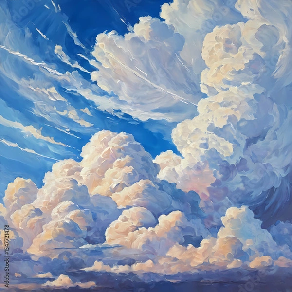 Fototapeta Dramatic clouds swirl and cascade against a striking blue sky as the sun sets on the horizon, illuminating the sky with soft hues of pink and gold, creating an enchanting atmosphere Generative AI