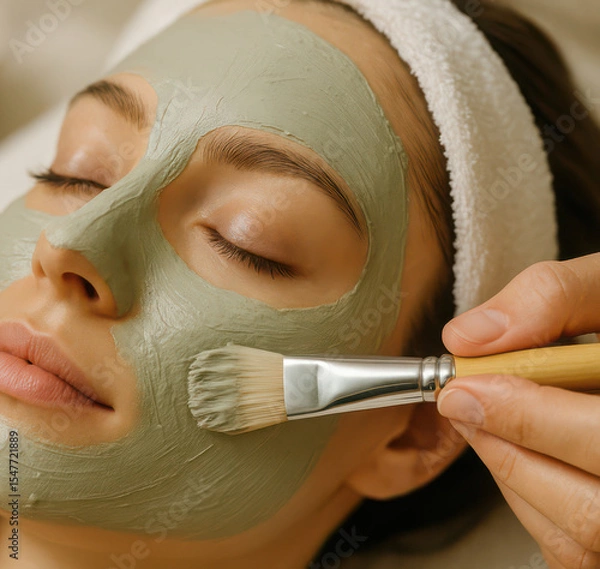 Obraz Relaxing spa experience with facial clay mask application for skincare and relaxation
