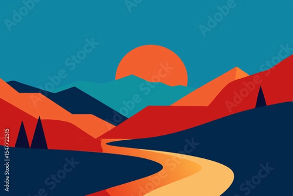 Fototapeta Abstract sunset landscape with winding river and mountains