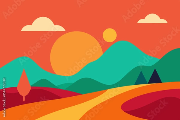 Fototapeta Abstract sunset landscape with mountains and rolling hills