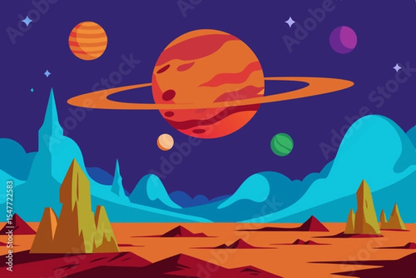 Fototapeta Alien planet landscape with rings and moons