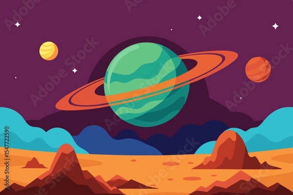 Fototapeta Alien planet landscape with rings and mountains