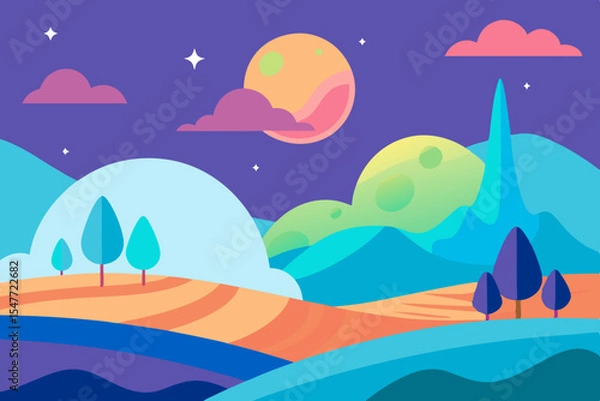 Fototapeta Abstract night landscape with colorful planets and hills