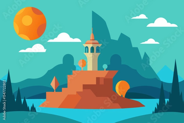 Fototapeta Flat design fantasy landscape with tower and mountains