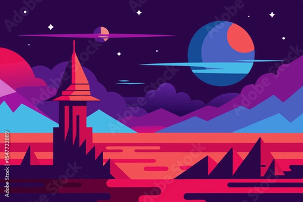 Fototapeta Alien planet landscape with tower and mountains