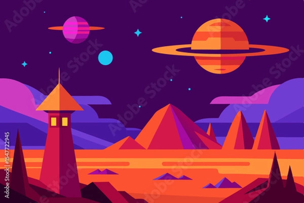 Fototapeta Alien planet landscape with tower and planets