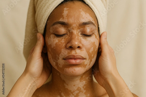 Obraz Serene woman embracing self-care with skincare routine and towel wrap