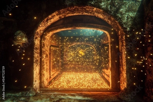 Fototapeta Underwater oven surrounded by magical fireflies illuminating the ancient walls in a mystical setting