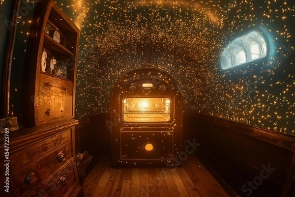 Fototapeta Underwater oven surrounded by magical fireflies illuminating the ancient walls in a mystical setting