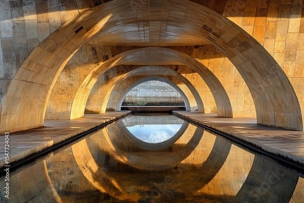 Fototapeta Vaulted bridge structure creates stunning mirror reflection beneath in calm water during early morning light