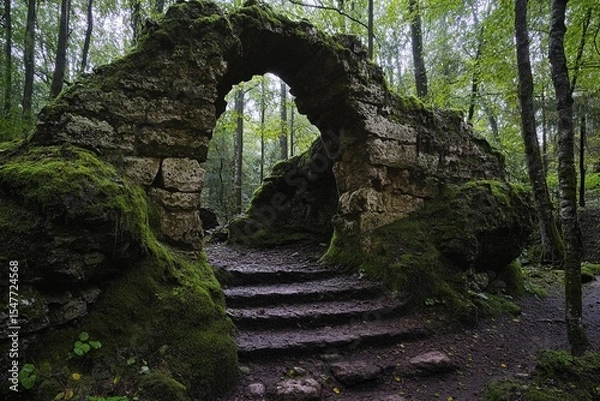 Fototapeta Majestic portal to another world glows amidst ethereal landscape with rolling clouds and sunlit greenery