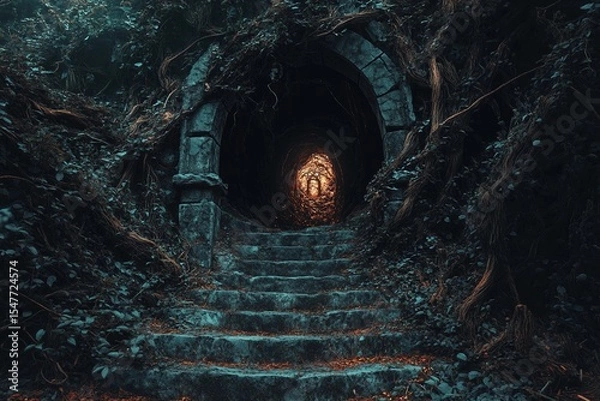 Fototapeta Majestic portal to another world glows amidst ethereal landscape with rolling clouds and sunlit greenery