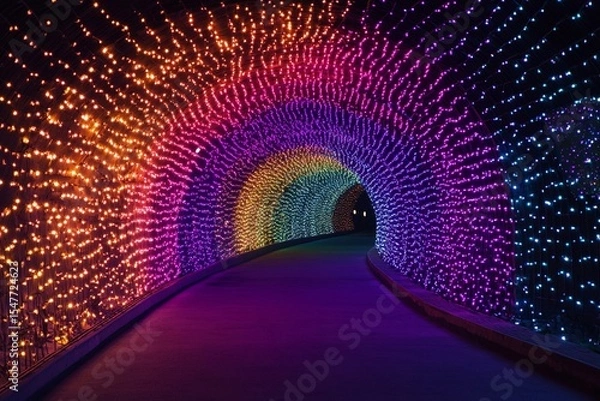 Fototapeta Colorful illuminated tunnel creates a stunning visual experience with shimmering lights in various hues