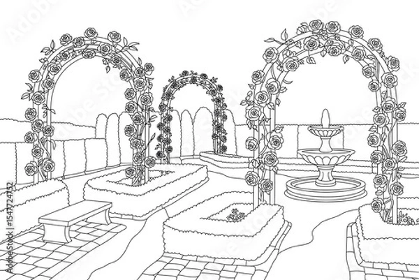 Obraz Rose-covered arches and fountain in a tranquil garden.

