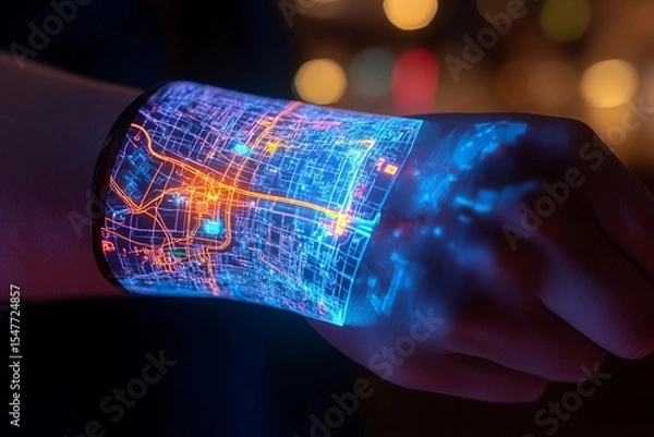 Fototapeta 3D holographic map displayed from a wristband illuminates the hand with vibrant city pathways and landmarks during the evening