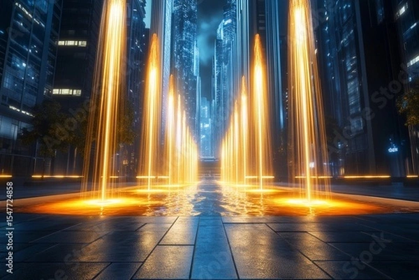 Fototapeta Futuristic plaza featuring a symmetrical fountain illuminated by urban lights in a vibrant cityscape
