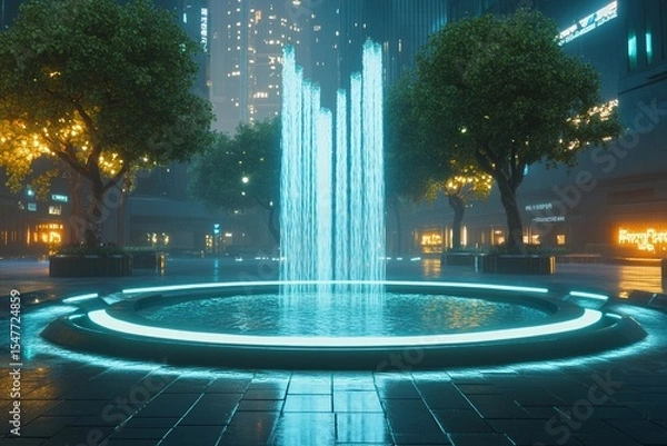 Fototapeta Futuristic plaza featuring a symmetrical fountain illuminated by urban lights in a vibrant cityscape
