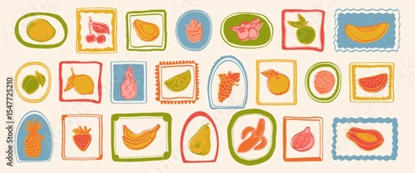 Obraz Collection of hand drawn colorful tropical summer fruits and decorative frames. Dragon fruit, papaya, pineapple, watermelon, melon, coconut, citrus, grape, lemon, banana, pomegranate, fig, banana. 