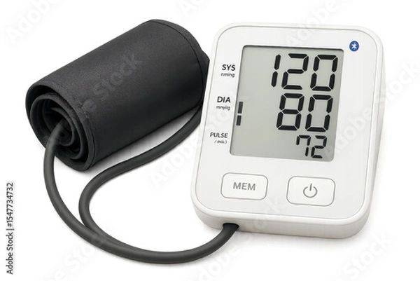 Obraz Digital blood pressure monitor showing normal blood pressure on transparent background