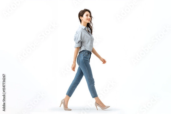 Obraz 半袖シャツとジーンズを着た女性が軽やかに歩いている