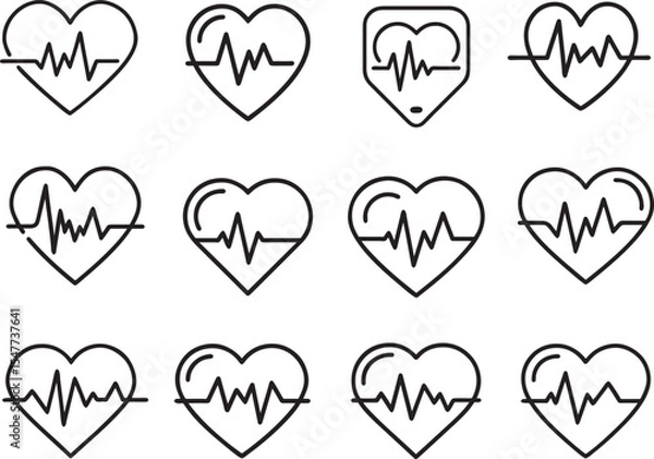 Fototapeta  A collection of stylized heartbeat icons, each encased in a heart shape, symbolizing life, health, and vitality.