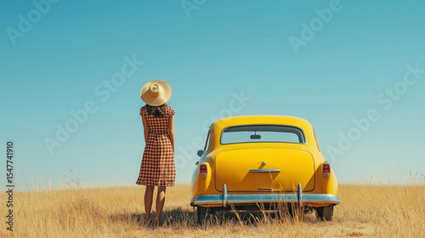 Obraz Woman in red dress walks near yellow retro car on summer day. Clear sky, golden field, peaceful moment of road trip escape and wanderlust. Captures freedom, nature, color, and vintage travel vibes