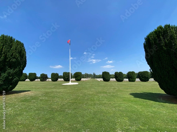 Obraz Rows of countless white crosses in a military cemetery, symbolizing sacrifice and remembrance, under a peaceful sky.