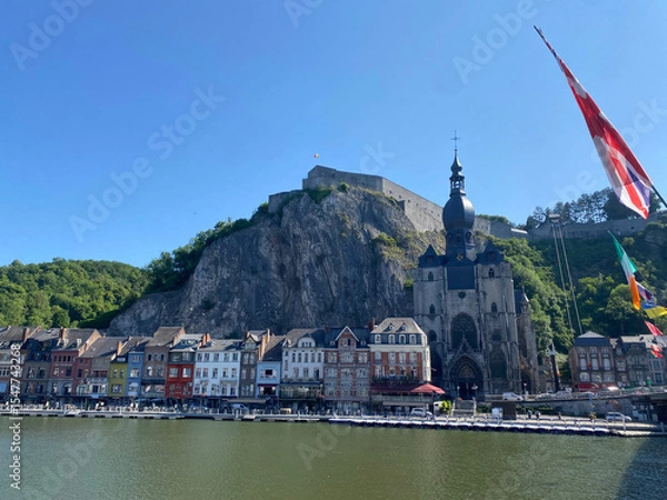 Obraz Scenic view of Dinant, Belgium, from the bridge on a sunny day, with the Collegiate Church of Notre-Dame and the citadel in the background
