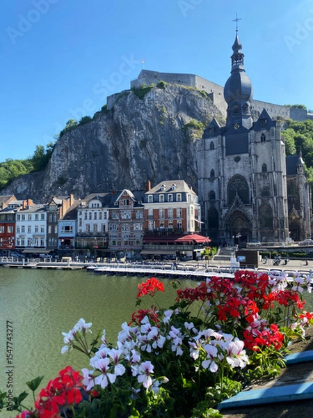 Obraz Scenic view of Dinant, Belgium, from the bridge on a sunny day, with the Collegiate Church of Notre-Dame and the citadel in the background