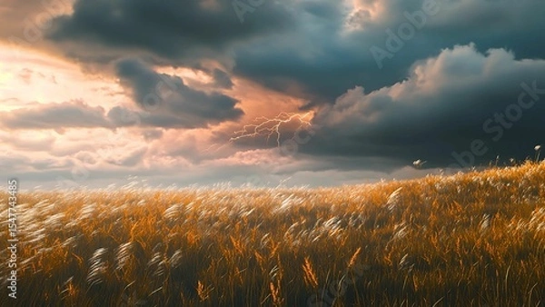 Fototapeta Dramatic Thunderstorm Over Windblown Prairie Landscape with Lightning and Tall Grasses | Generative AI