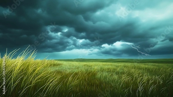 Fototapeta Dramatic Thunderstorm Over Windblown Prairie Landscape with Lightning and Tall Grasses | Generative AI