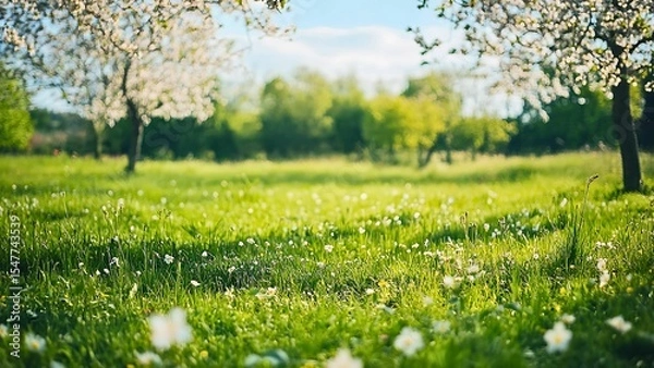 Fototapeta Spring Meadow with Blossoming Cherry and Apple Trees, Butterflies, and Lush Green Grass in a Joyful Atmosphere | Generative AI