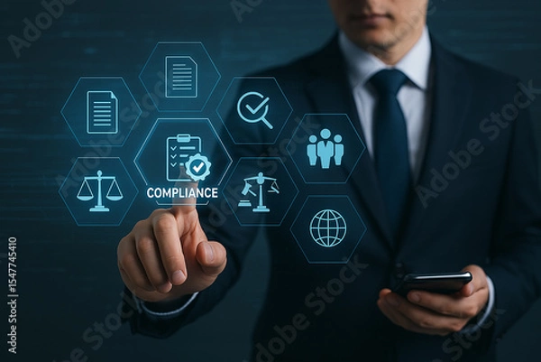 Fototapeta Compliance in business concept. Stay in line with business policies. Businessman touching compliance icon on virtual screen, ensuring the enforcement of laws, regulations, and standards.