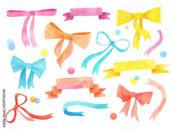 Fototapeta set of various watercolor bows, banners and ribbons in bright colors, pink, orange, yellow, and blue, hand drawn illustration