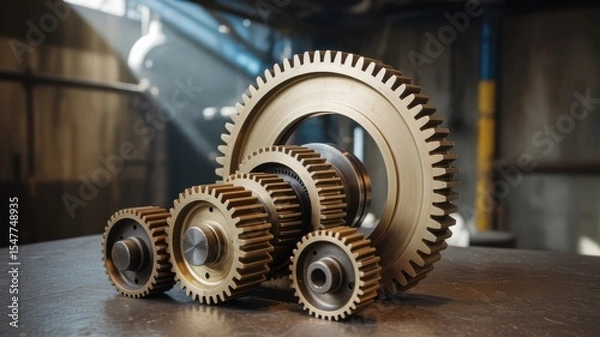 Fototapeta Golden Gears Arranged in a Factory Setting