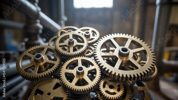 Fototapeta Interlocking golden gears in an industrial setting, symbolizing mechanical precision and engineering.