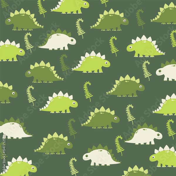 Fototapeta green cute vector seamless illustration design of dinosaur stegosaurus for full print kids apparel