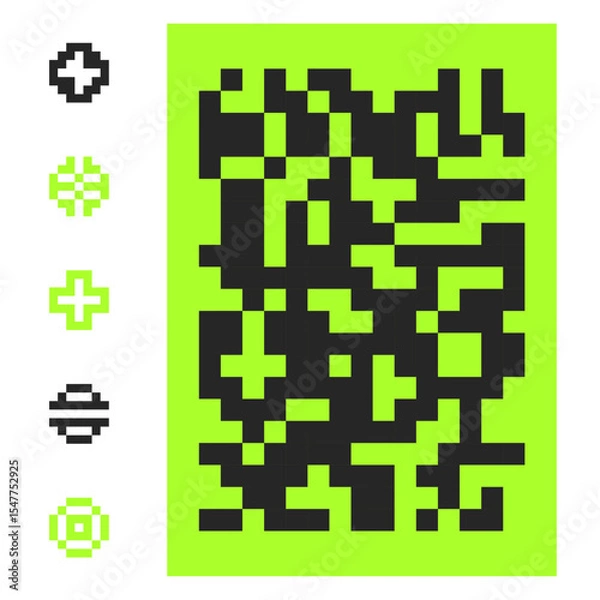 Fototapeta Mosaic pixel backdrop and 8 bit circular signs. Pixel background in y2k aesthetics. Random square spots decor. Vector illustration