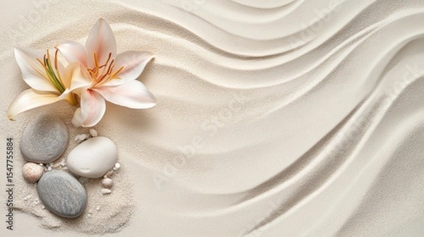 Fototapeta Serene Sand Waves with Lily and Stones, Zen Garden, Spa Relaxation Zen, Serenity