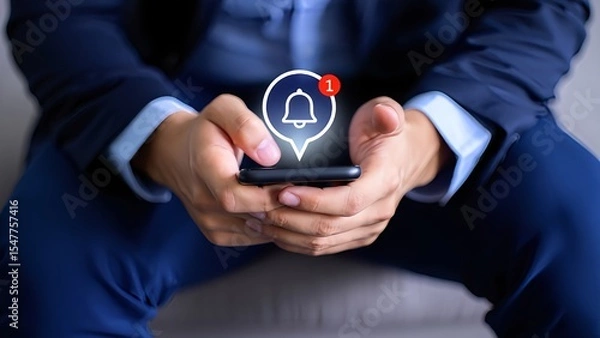 Obraz Businessman checking smartphone notification alert bell symbol online communication technology