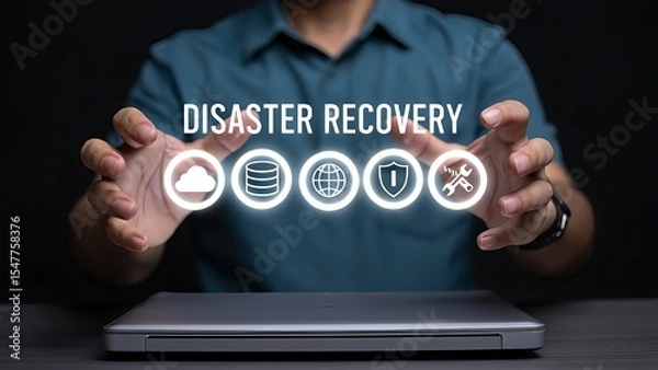 Fototapeta Businessman showcasing Disaster Recovery strategy using cloud computing database protection and global network security for data backup and system restoration