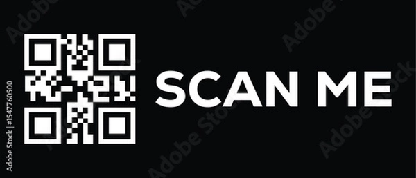 Fototapeta Minimalist black and white QR code with bold "SCAN ME" text in uppercase. Centered, high-contrast design with clean, modern style and frontal view. No background distractions.