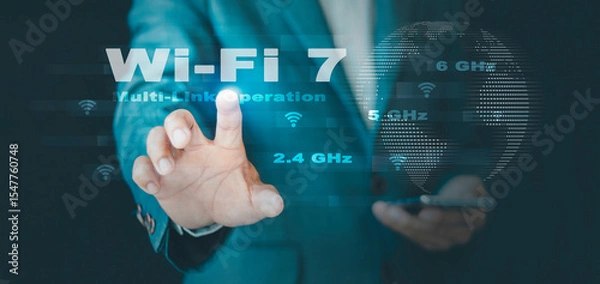 Obraz Wi-Fi 7 High-speed wireless Internet modern technology, connecting to the internet world, MultiLink Operation (MLO) wireless network, multiple frequency bands, and smart support communication