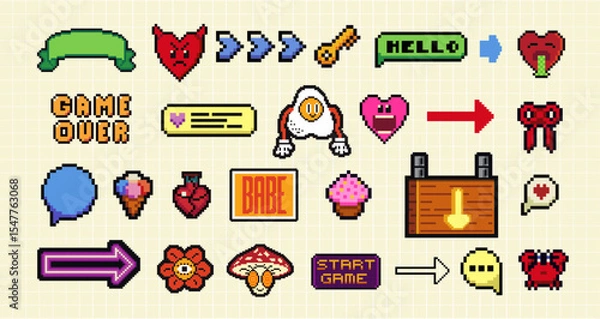 Obraz Pixels Y2k funny playful emoticon, frame, arrow, icon stickers. . 8-bit retro style vector illustration for social media. Set of pixel art. Emoji pixelated icons.