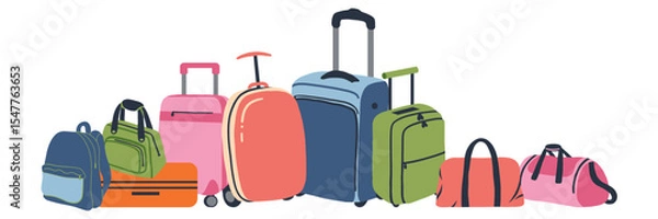 Fototapeta Colorful travel bags. Luggage on wheels for traveling. Modern suitcases with handle. Backpack for traveler. Vacation bags. Flat vector illustration isolated on white background.