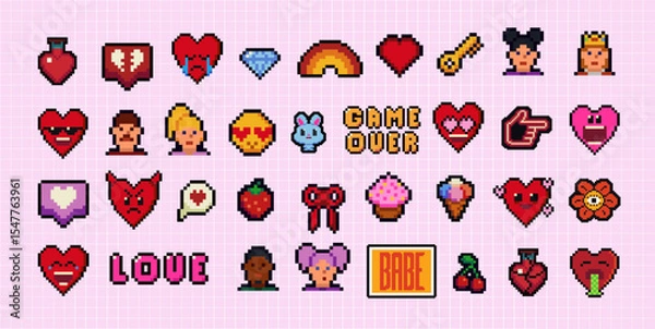 Obraz Y2k pixel art icon set with hearts, smile face and speech bubbles. Mood of 90's. 8 bit editable pixel vector illustration. Game abstract Happy Valentines Day elements.