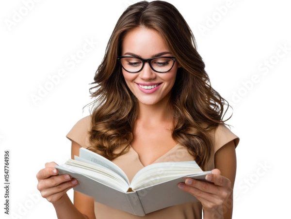 Fototapeta Captivated by Knowledge: A radiant woman, spectacles perched, is engrossed in a good book, immersed in the world of words and ideas. Capturing the pure joy of reading.